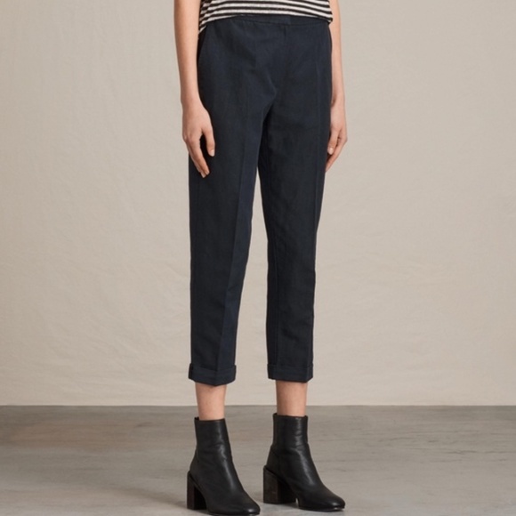 All Saints Black Cropped Linen Trousers - Picture 1 of 14